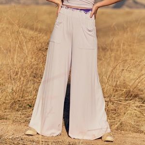 Free People Movement Tan Blissed Out Wide Leg Pants High Rise Rib Knit Stretchy